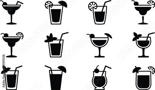 Twelve cocktail drink icons black white graphic