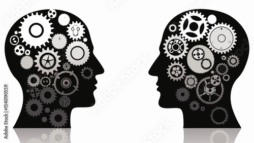 Two human head silhouettes filled with gears facing each other on a white background concept image