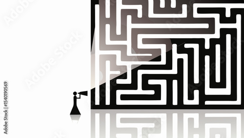 Person looking at the maze with a telescope to find the solution and the right way in the complex maze