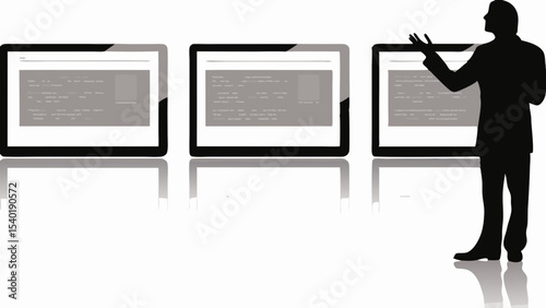 Silhouette of a man presenting in front of three screens displaying data and reflections on white floor
