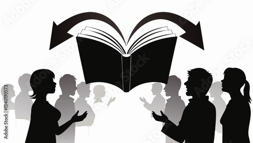 Silhouette of people standing below an open book with arrows pointing away from the book on each side