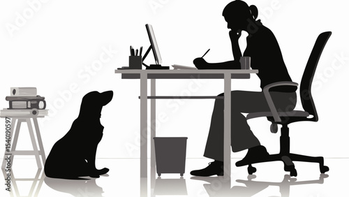 Silhouette of woman working at desk with computer and dog sitting nearby in a bright room setting indoor