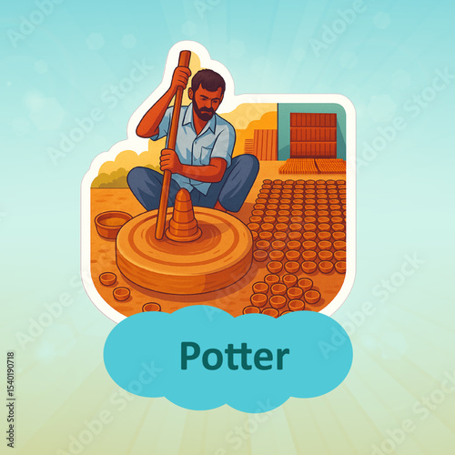 Traditional Indian potter shaping clay on a wheel.