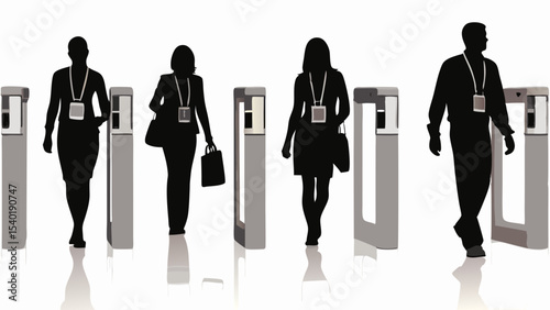 Silhouettes of people passing through security turnstiles with identification badges visible in the image