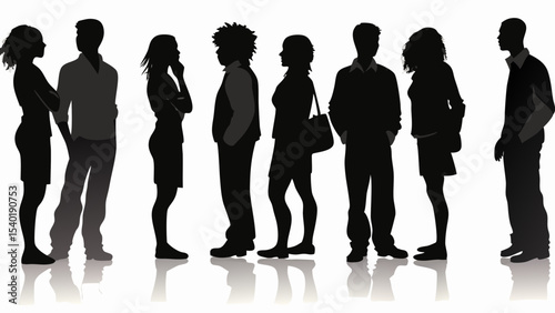 Silhouetted figures of diverse people standing in a line against a white background in a group setting
