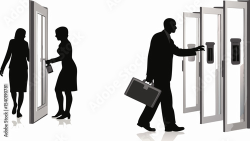 Silhouetted figures entering doors, one with a briefcase, suggesting business or professional settings seen