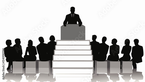 Silhouette of a speaker at a podium with an audience sitting below him on white blocks and stairs