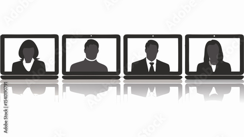 Four laptops displaying silhouettes of people in a virtual meeting with reflections on a white surface