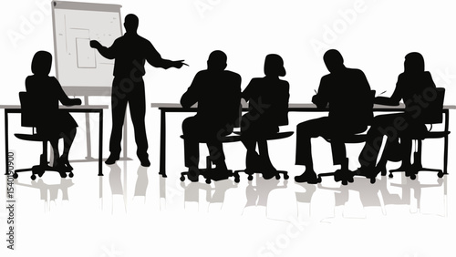 Silhouette of a man presenting to a group of people sitting at tables with a whiteboard behind him