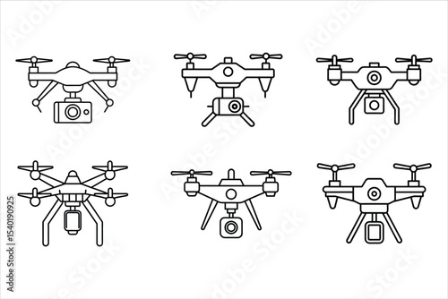 Six Black Line Drawings of Drones with Cameras quadcopter