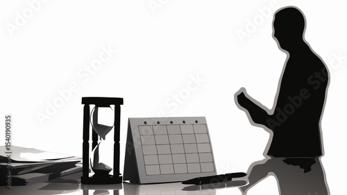 Silhouette of a person with a calendar, hourglass, and papers suggesting time management and planning