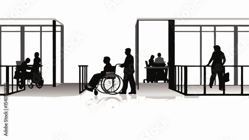 Silhouetted figures in office spaces with wheelchairs and people at desks near large windows seen