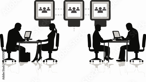 Silhouetted figures at desks with laptops connected to group screens in a networked environment setup