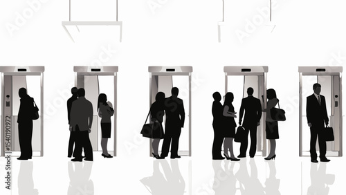 Silhouetted people waiting for elevators in a bright office building with hanging lights and reflections