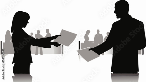 Silhouette of woman handing document to man in office setting with blurred colleagues in background present