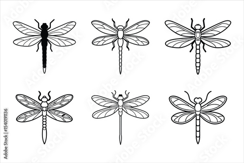 Six Black Line Drawings Dragonflies Various Styles