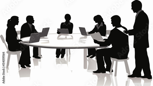 Silhouette of group of people sitting around a round table with laptops and documents in a meeting room
