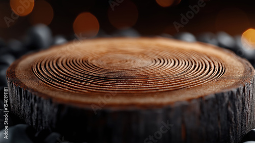 Intricate annual rings of a tree trunk captured in stunning macro detail against a textured wooden surface