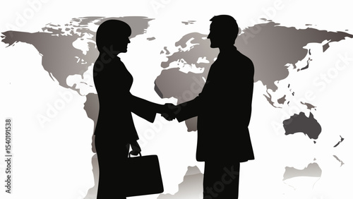 Silhouette of business people shaking hands in front of a world map showing global partnership agreement