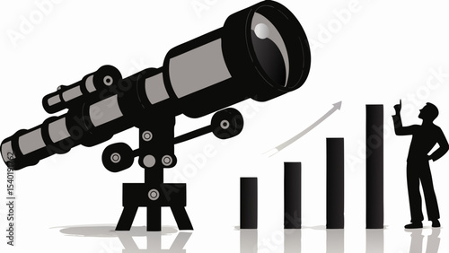 Illustration of a telescope with a man pointing at a growing bar graph and an upward trending arrow