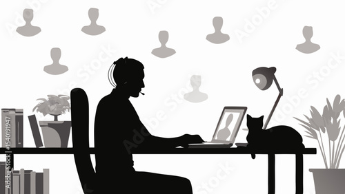 Silhouette of person with headset on laptop with cat and plants with meeting attendees background