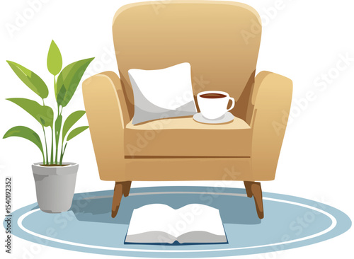 A cozy chair with a cup of tea and a book on the floor, all placed with generous white space. Calm, clean vector