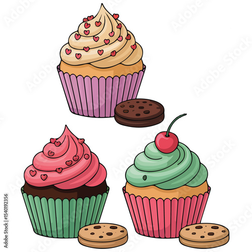 Cup cake set colorful vector isolated white background
