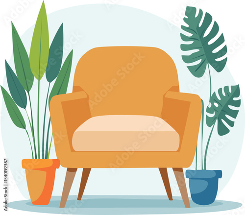 A cozy chair with a cup of tea and a book on the floor, all placed with generous white space. Calm, clean vector