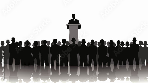 Silhouette of a speaker at a podium addressing a large crowd of people in a formal setting, black and white