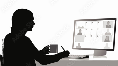 Silhouette of person attending a video conference with multiple participants on a computer screen at a desk