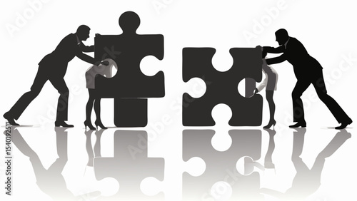 Silhouette of business people connecting puzzle pieces on a reflective surface, symbolizing teamwork and solution