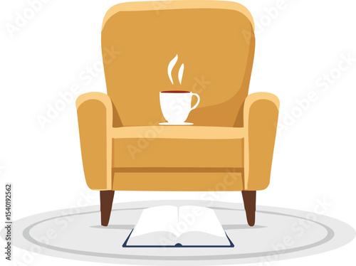 A cozy chair with a cup of tea and a book on the floor, all placed with generous white space. Calm, clean vector