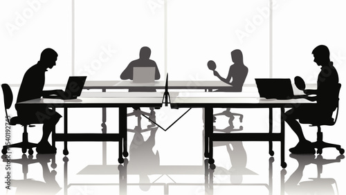 Silhouette of people working on laptops and playing ping pong at a table in a bright office space