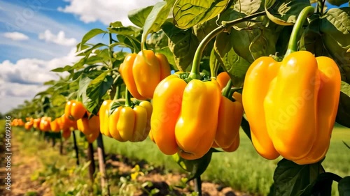 Ripe yellow bell peppers growing on plant in farm field