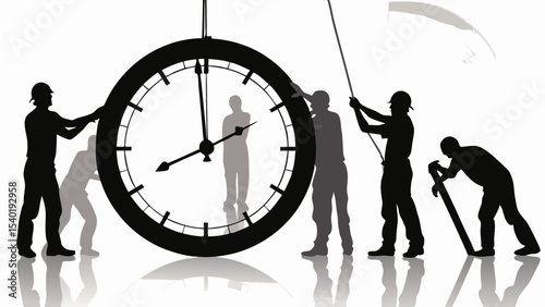 Silhouette of workers moving a large clock, symbolizing teamwork and time management, with reflection effect