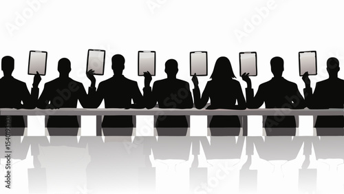 Silhouetted figures sitting at a table holding up blank tablets in a bright white room setting view
