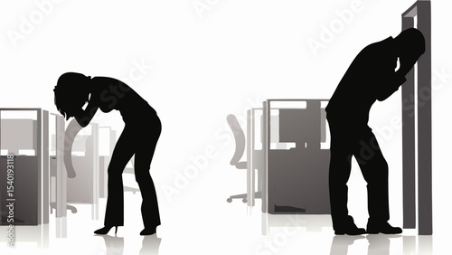 Silhouetted figures showing stress in an office environment with cubicles and a bright white background scene