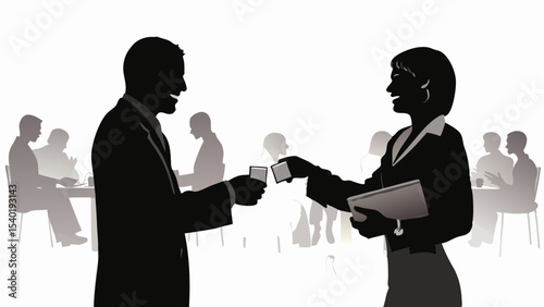 Silhouette of business people exchanging cards at a meeting with other people in the background at a table