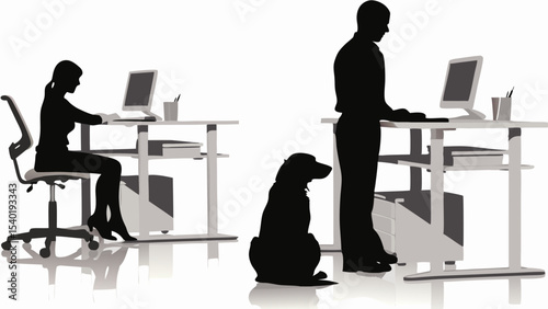 Silhouettes of people working at desks with a dog sitting nearby in an office environment scene view