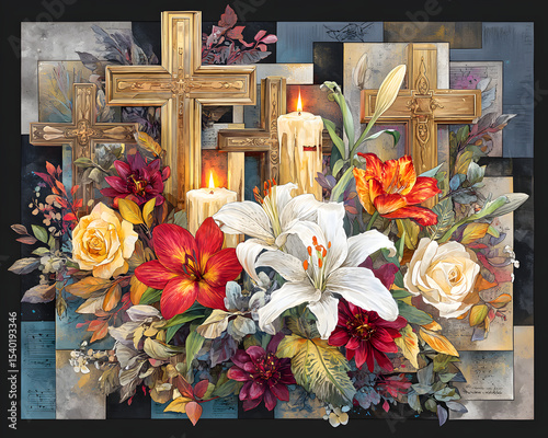 People lighting candles on All Saints’ Day A floral arrangement with candles and crosses. Peaceful graveyard with flowers and candlelight Religious ceremony honoring saints and ancestors