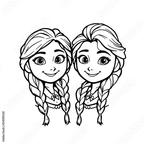 Two Figures with Long Braided Hair Tied with Bows, Elegant Black Line Vector Emphasizing Hairstyle, Symmetry, and Feminine Detail