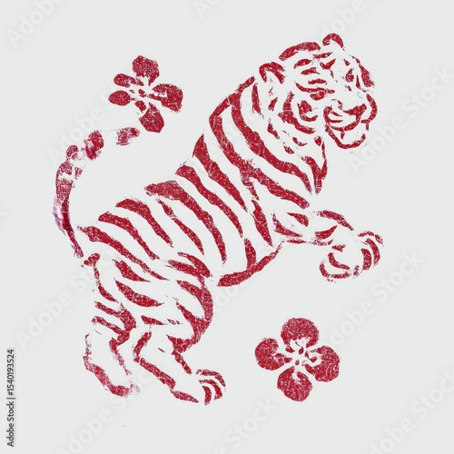Stylized red illustration of a rea tiger surrounded by two red flowers on a light gray background showcasing dynamic and artistic design elements