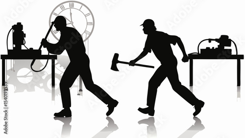Silhouetted figures smashing machines with a sledgehammer and axe, with a clock in the background
