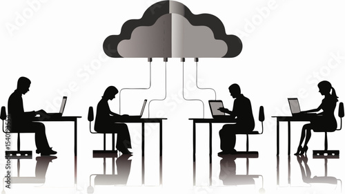 Silhouetted people working on laptops connected to a cloud computing network infrastructure system