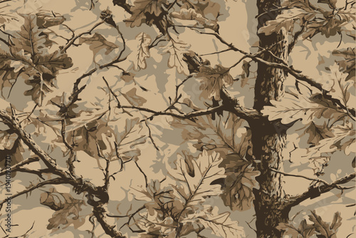 A seamless pattern of camouflage camo with oak tree branches and leaves, earth tones with green color background, perfect for hunting attire or outdoor gear.