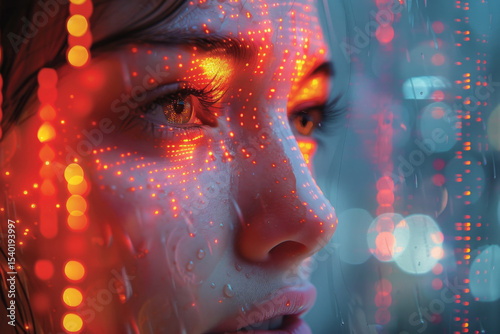 Close-Up of Woman with Red Digital Projections