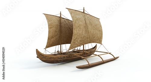 Pixelated Polynesian Double Hulled Canoe on White Background With Wooden Sails and Intricate Hull Carvings and isolated in white screen