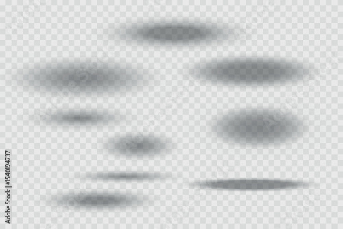 Different realistic round shadow, soft shapes on transparent background. Gray circular and ellipse shadows set. Vector illustration.