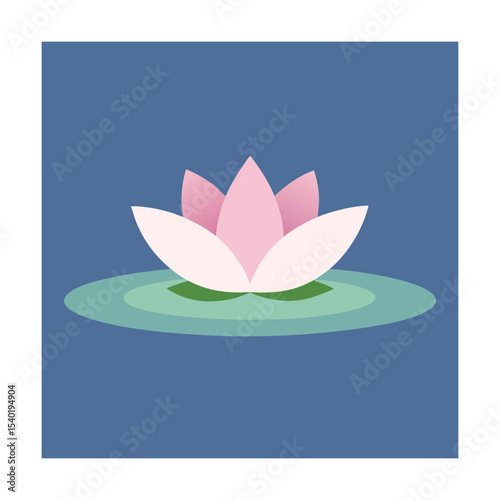 Elegant pink lotus flower floating on water lily pad against a blue background