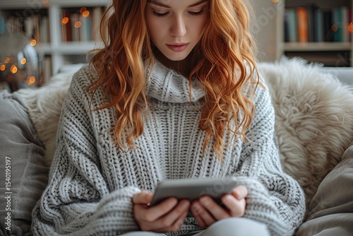 Woman in Textured Sweater Browsing Smartphone at Home